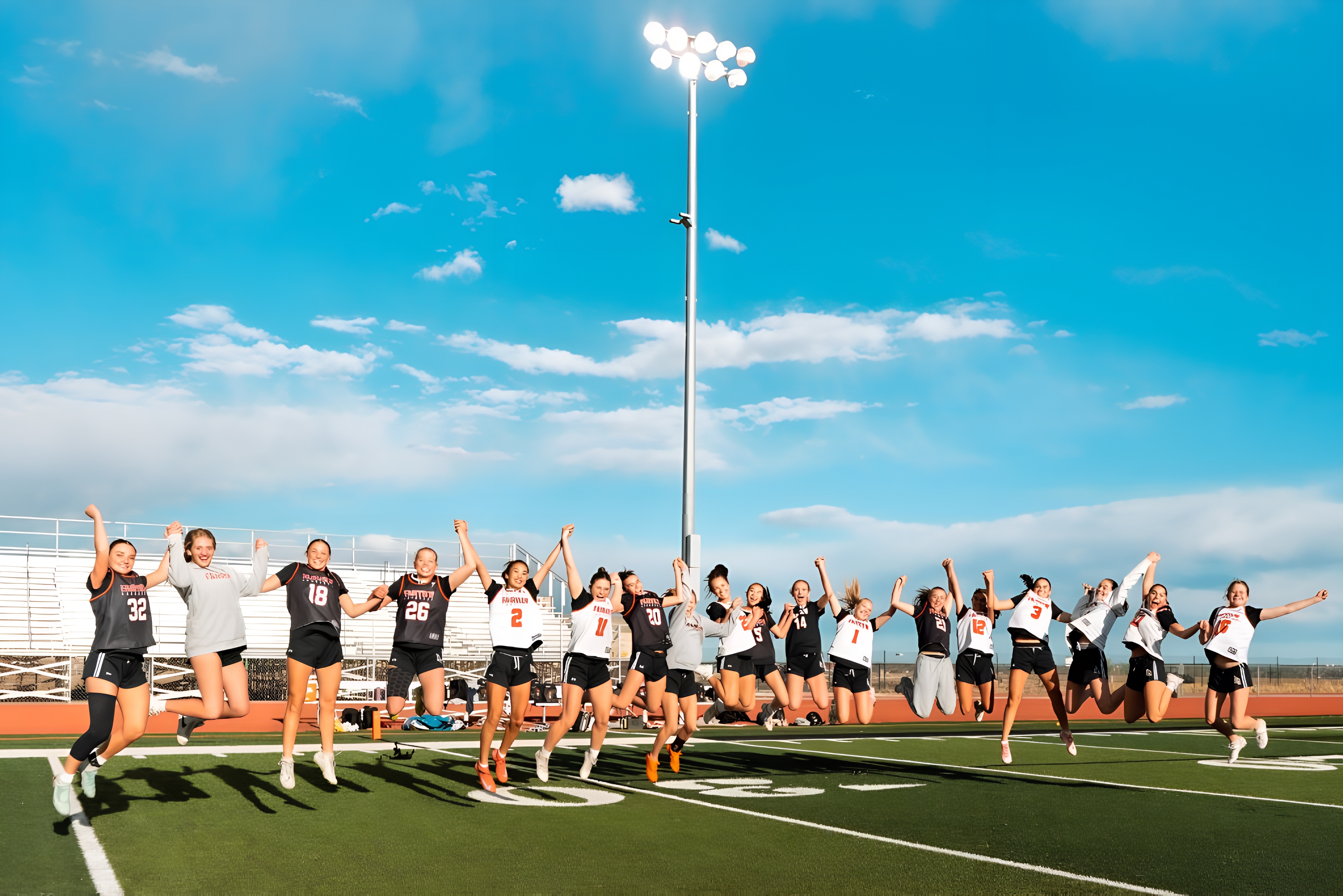Fairview Knights girls lacrosse team jumping and celebrating together on the field under the lights